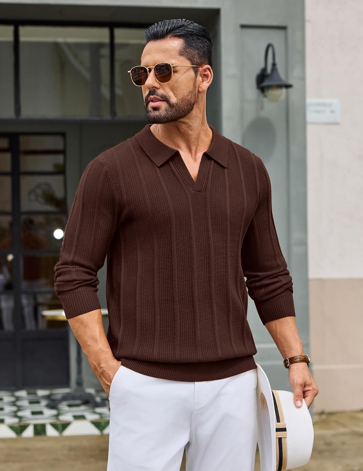 image:imageCOOFANDY Mens Knit Long Sleeve Polo Shirt Sweater VNeck Textured PulloverBrown