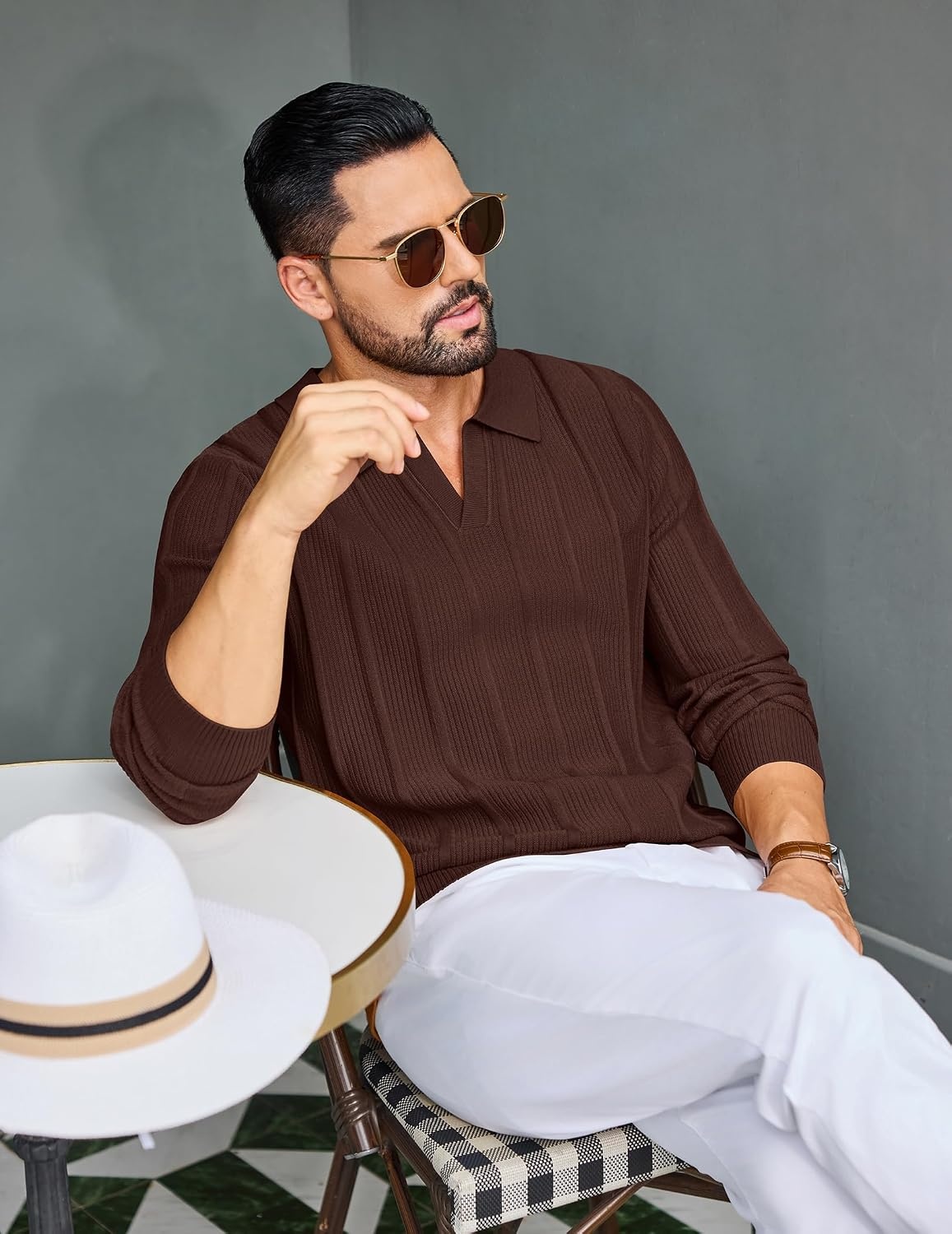 image:imageCOOFANDY Mens Knit Long Sleeve Polo Shirt Sweater VNeck Textured PulloverBrown