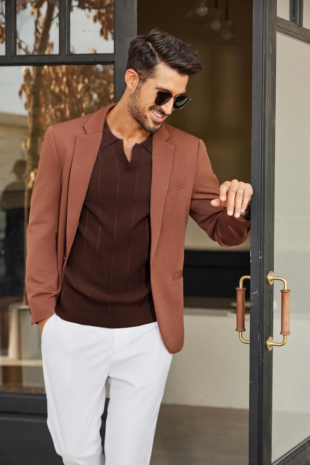 image:imageCOOFANDY Mens Knit Long Sleeve Polo Shirt Sweater VNeck Textured PulloverBrown