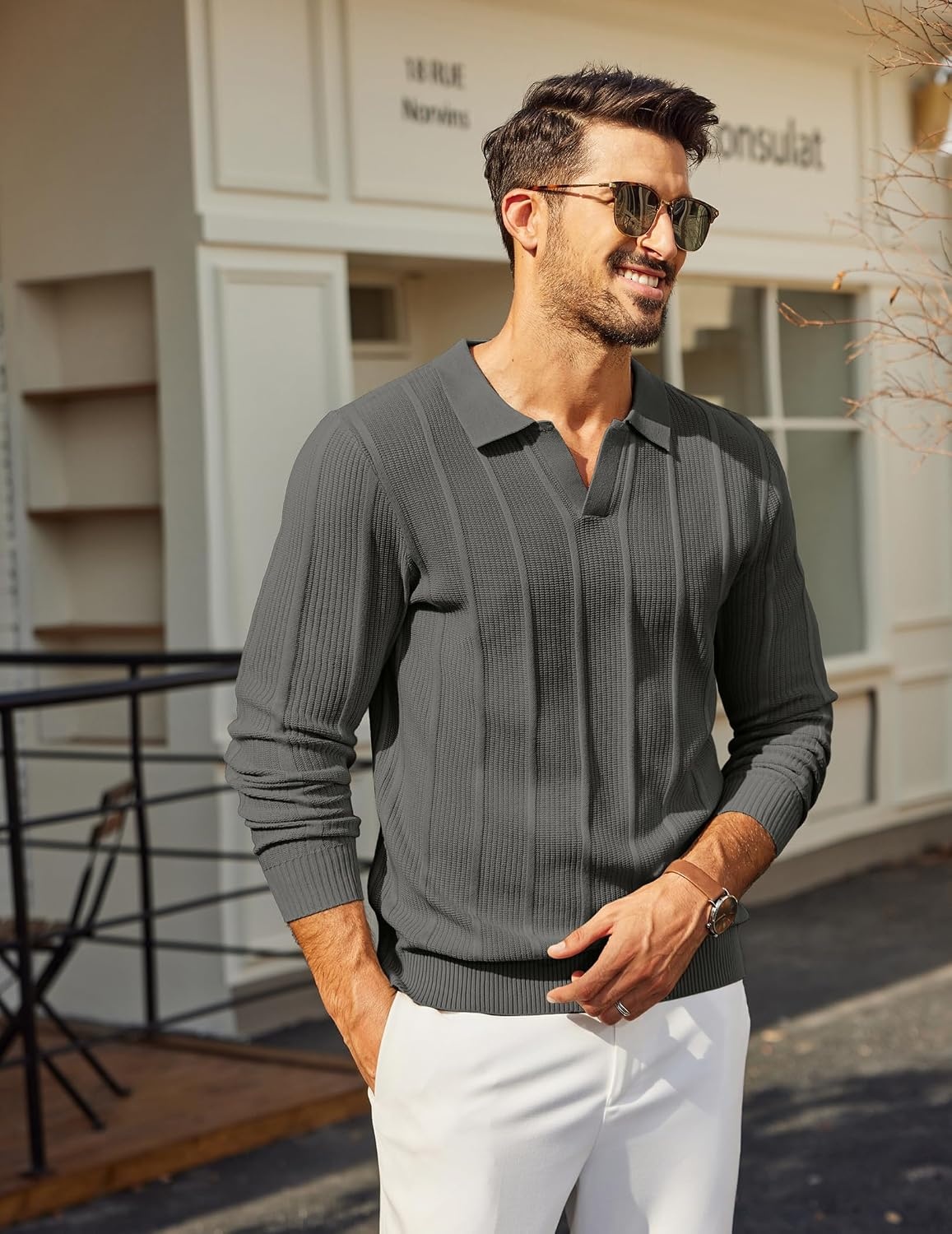 image:imageCOOFANDY Mens Knit Long Sleeve Polo Shirt Sweater VNeck Textured PulloverDark Grey