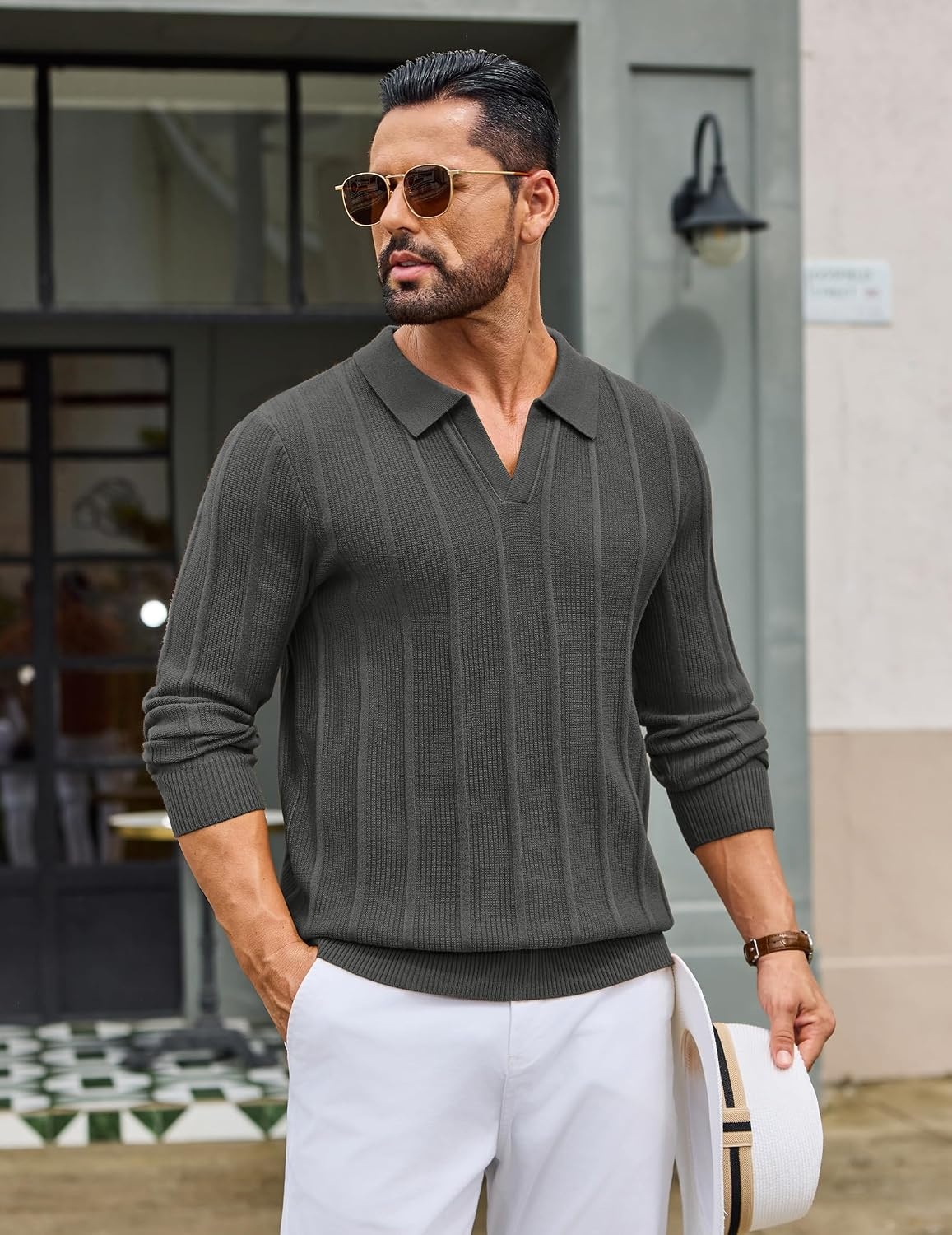 image:imageCOOFANDY Mens Knit Long Sleeve Polo Shirt Sweater VNeck Textured PulloverDark Grey