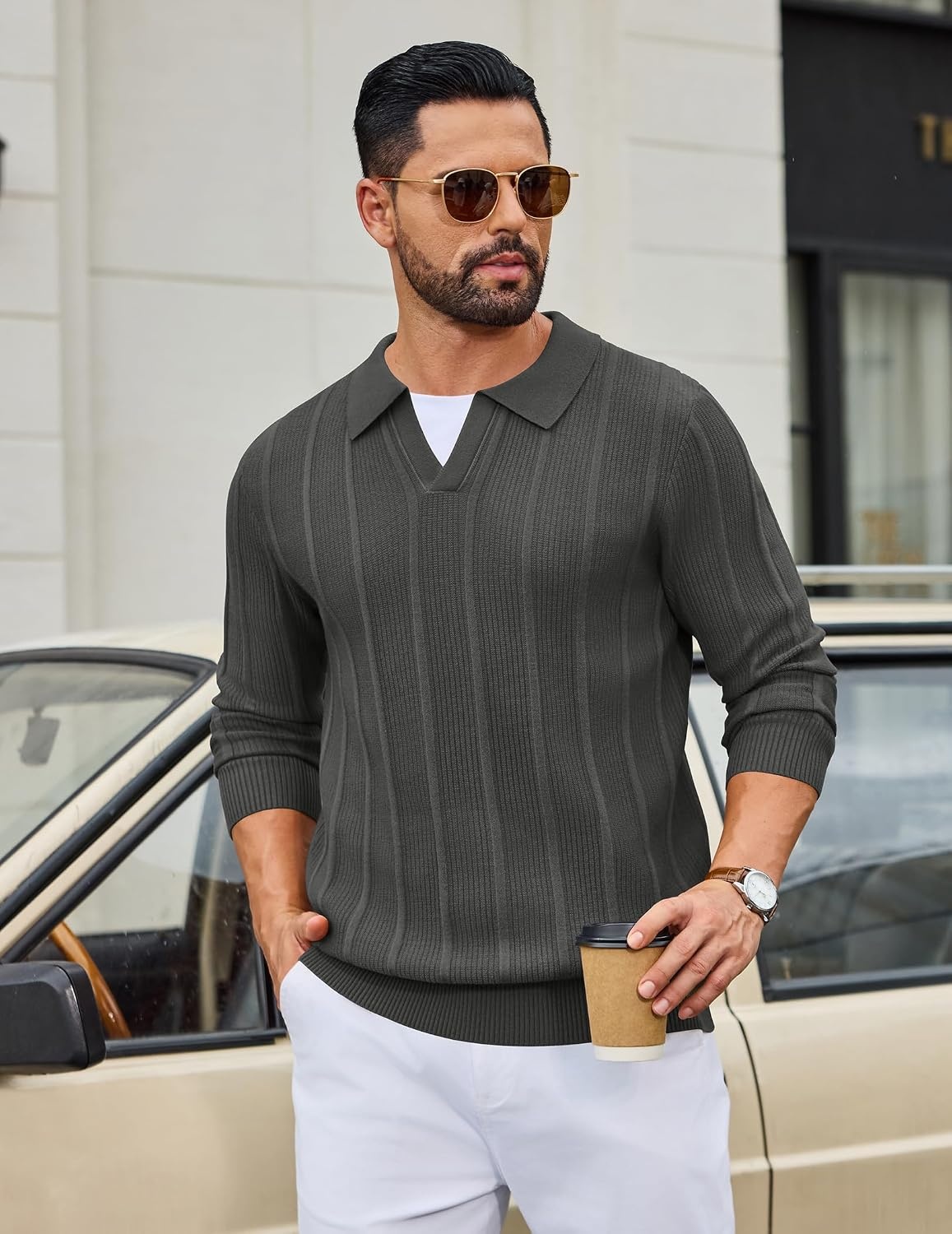image:imageCOOFANDY Mens Knit Long Sleeve Polo Shirt Sweater VNeck Textured PulloverDark Grey