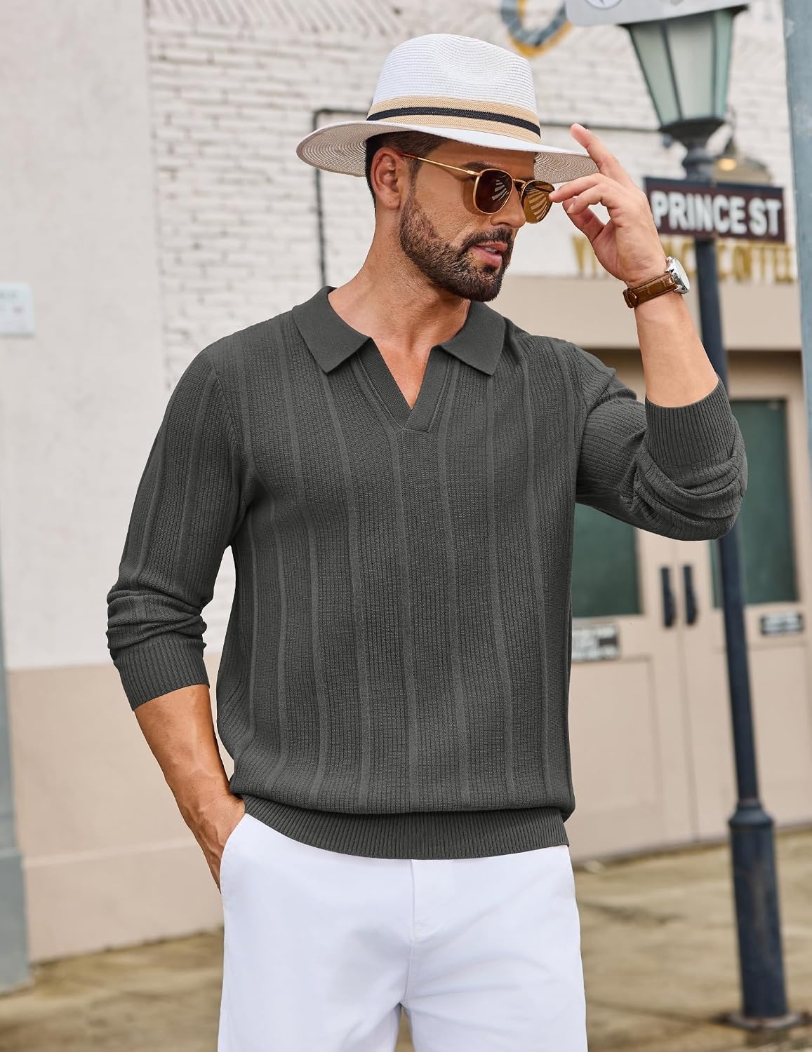 image:imageCOOFANDY Mens Knit Long Sleeve Polo Shirt Sweater VNeck Textured PulloverDark Grey