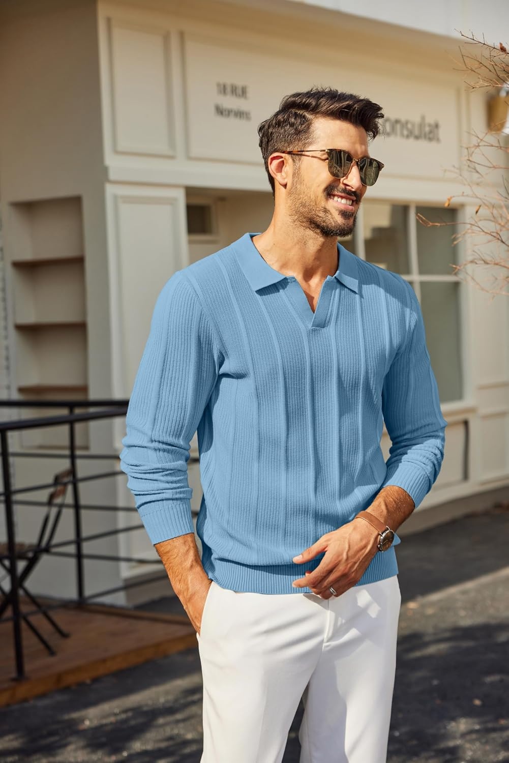 image:imageCOOFANDY Mens Knit Long Sleeve Polo Shirt Sweater VNeck Textured PulloverLight Blue