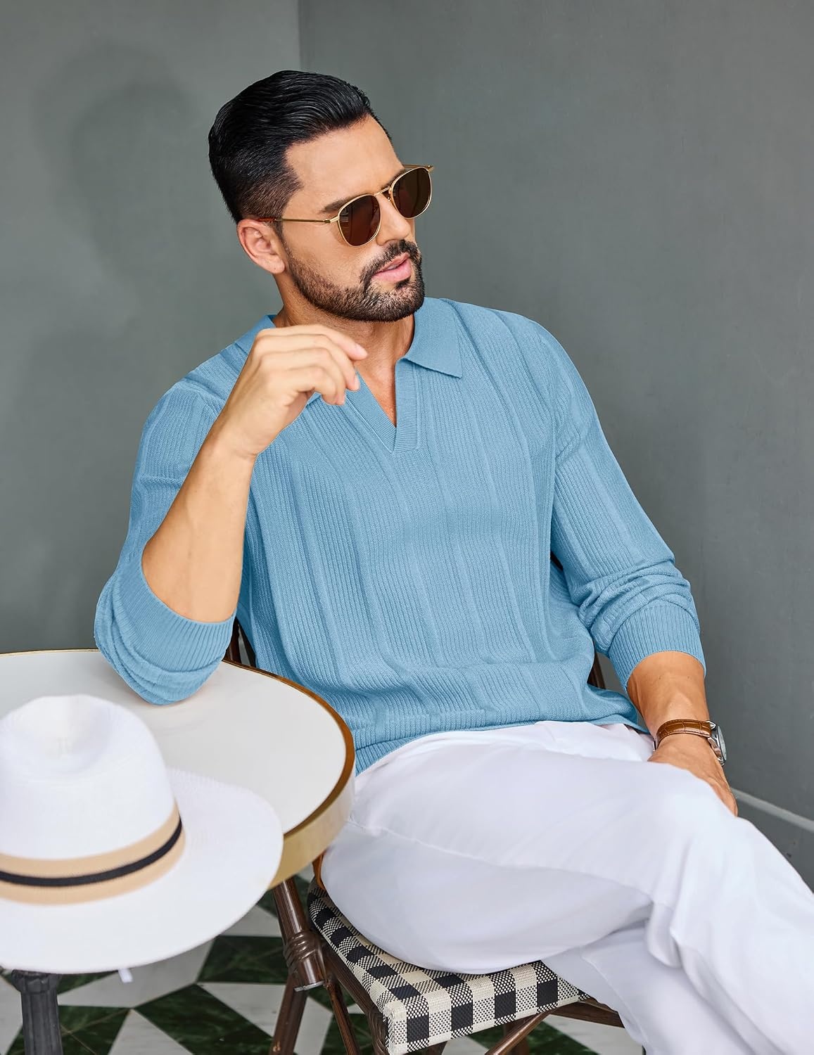 image:imageCOOFANDY Mens Knit Long Sleeve Polo Shirt Sweater VNeck Textured PulloverLight Blue