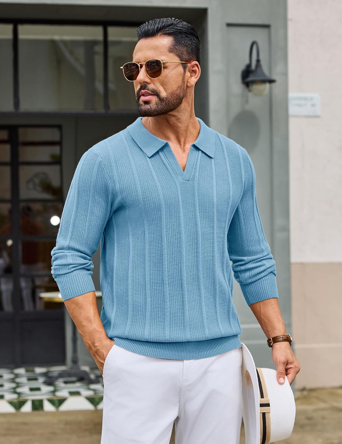 image:imageCOOFANDY Mens Knit Long Sleeve Polo Shirt Sweater VNeck Textured PulloverLight Blue
