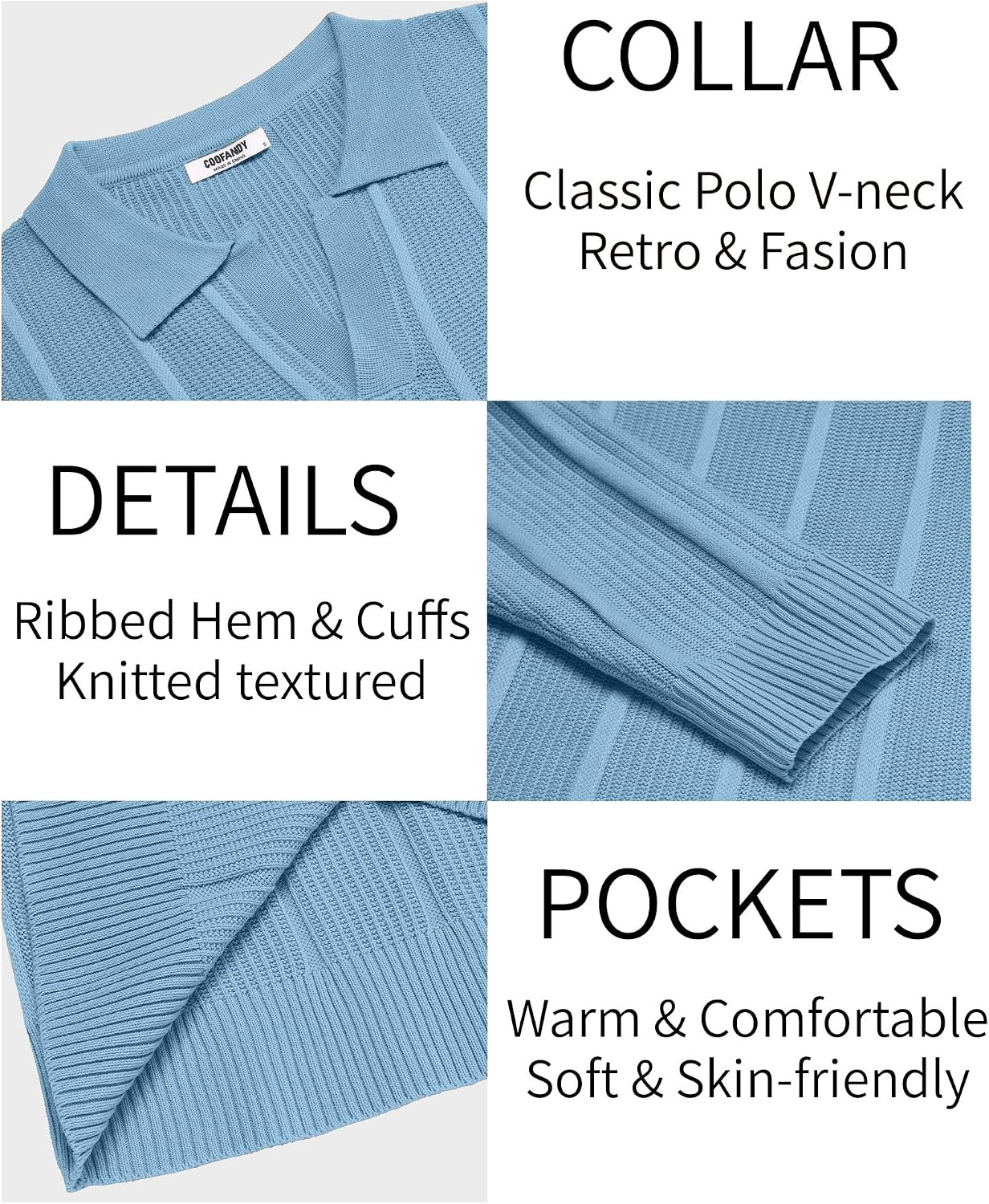 image:imageCOOFANDY Mens Knit Long Sleeve Polo Shirt Sweater VNeck Textured PulloverLight Blue