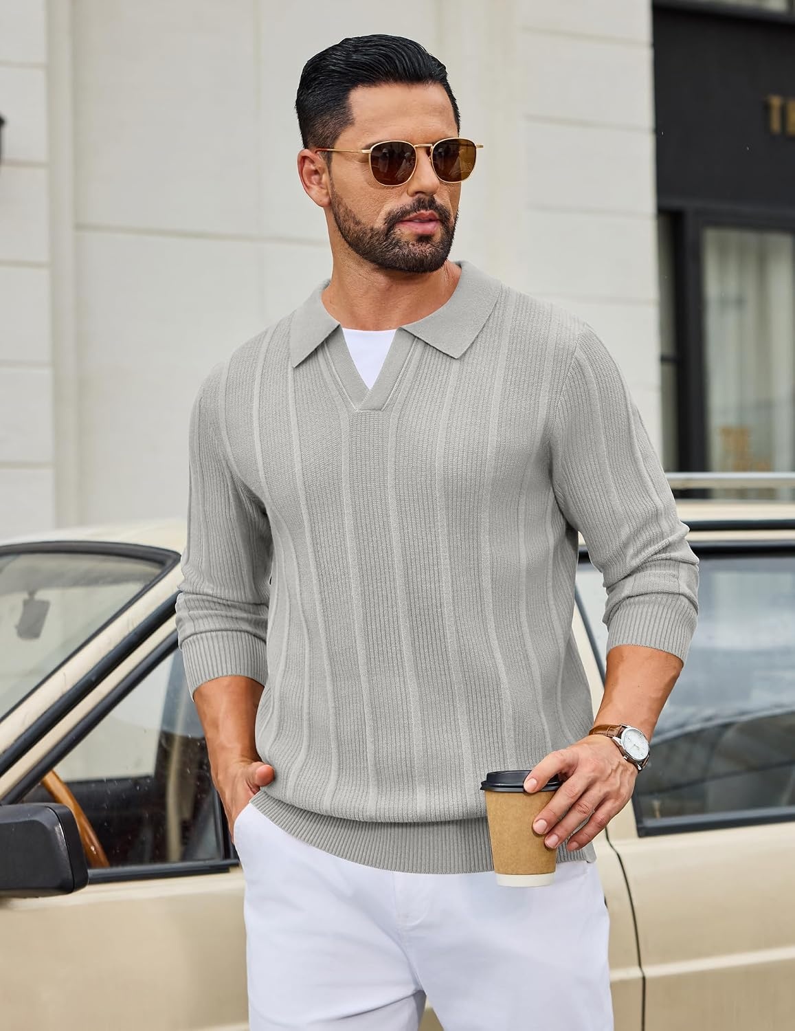 image:imageCOOFANDY Mens Knit Long Sleeve Polo Shirt Sweater VNeck Textured PulloverLight Gray