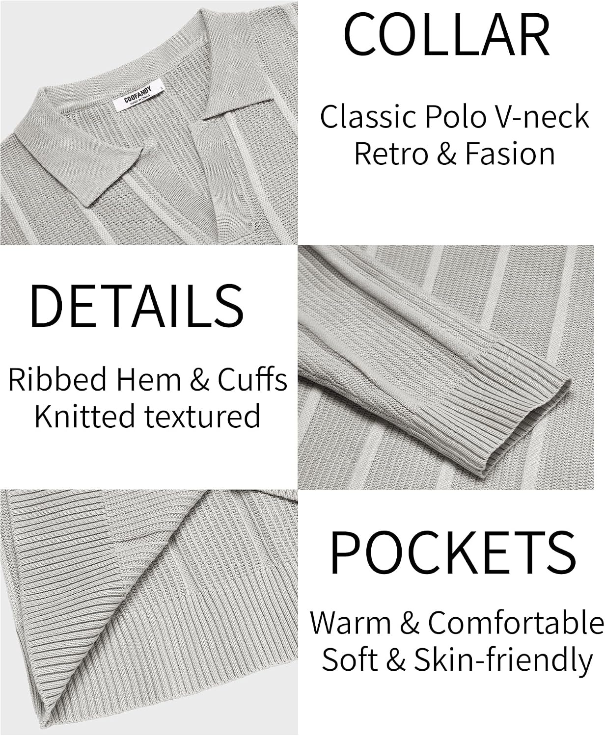 image:imageCOOFANDY Mens Knit Long Sleeve Polo Shirt Sweater VNeck Textured PulloverLight Gray