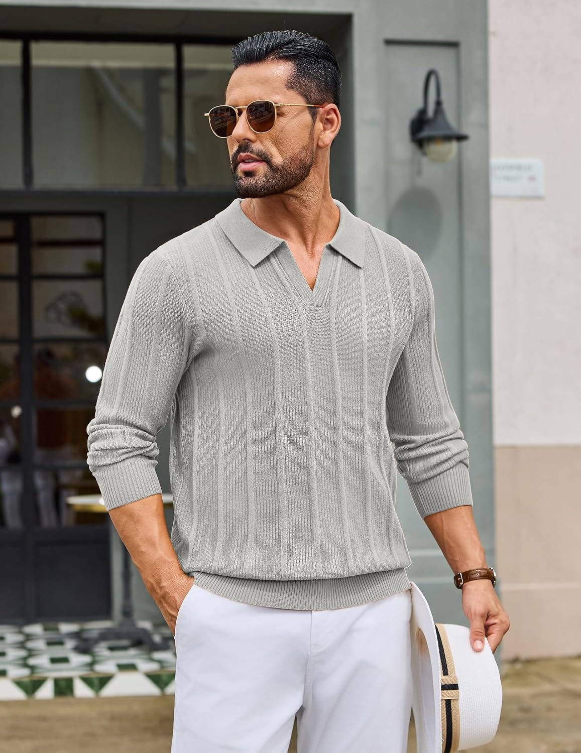 image:imageCOOFANDY Mens Knit Long Sleeve Polo Shirt Sweater VNeck Textured PulloverLight Gray