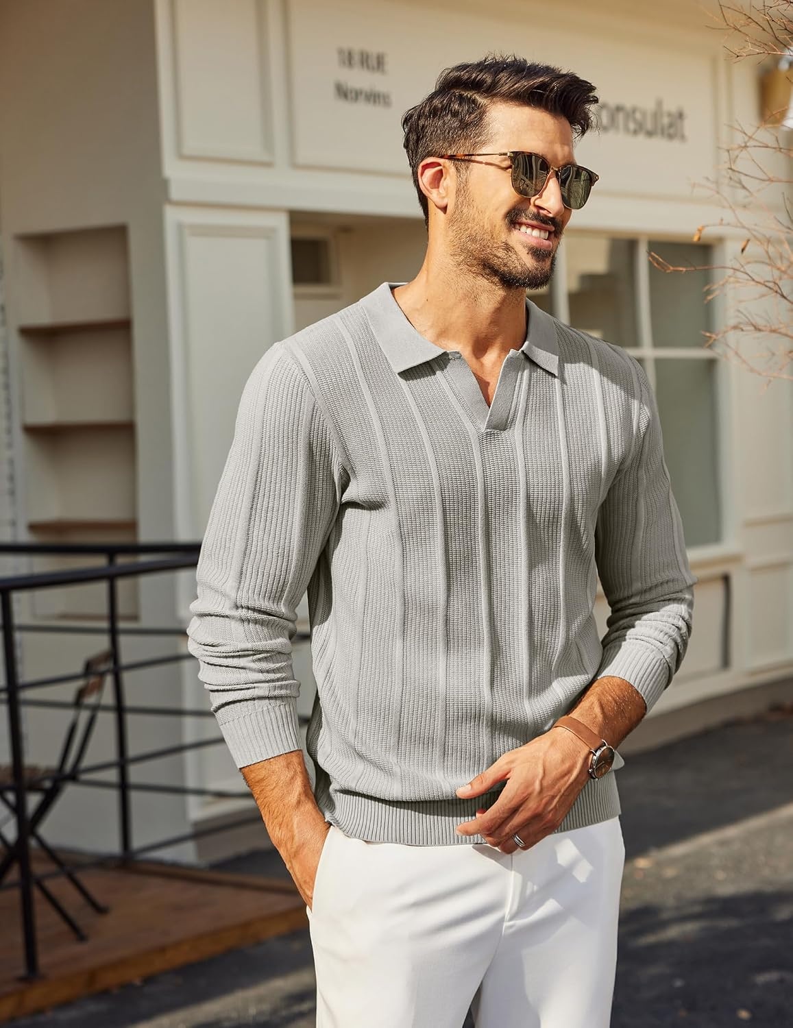 image:imageCOOFANDY Mens Knit Long Sleeve Polo Shirt Sweater VNeck Textured PulloverLight Gray