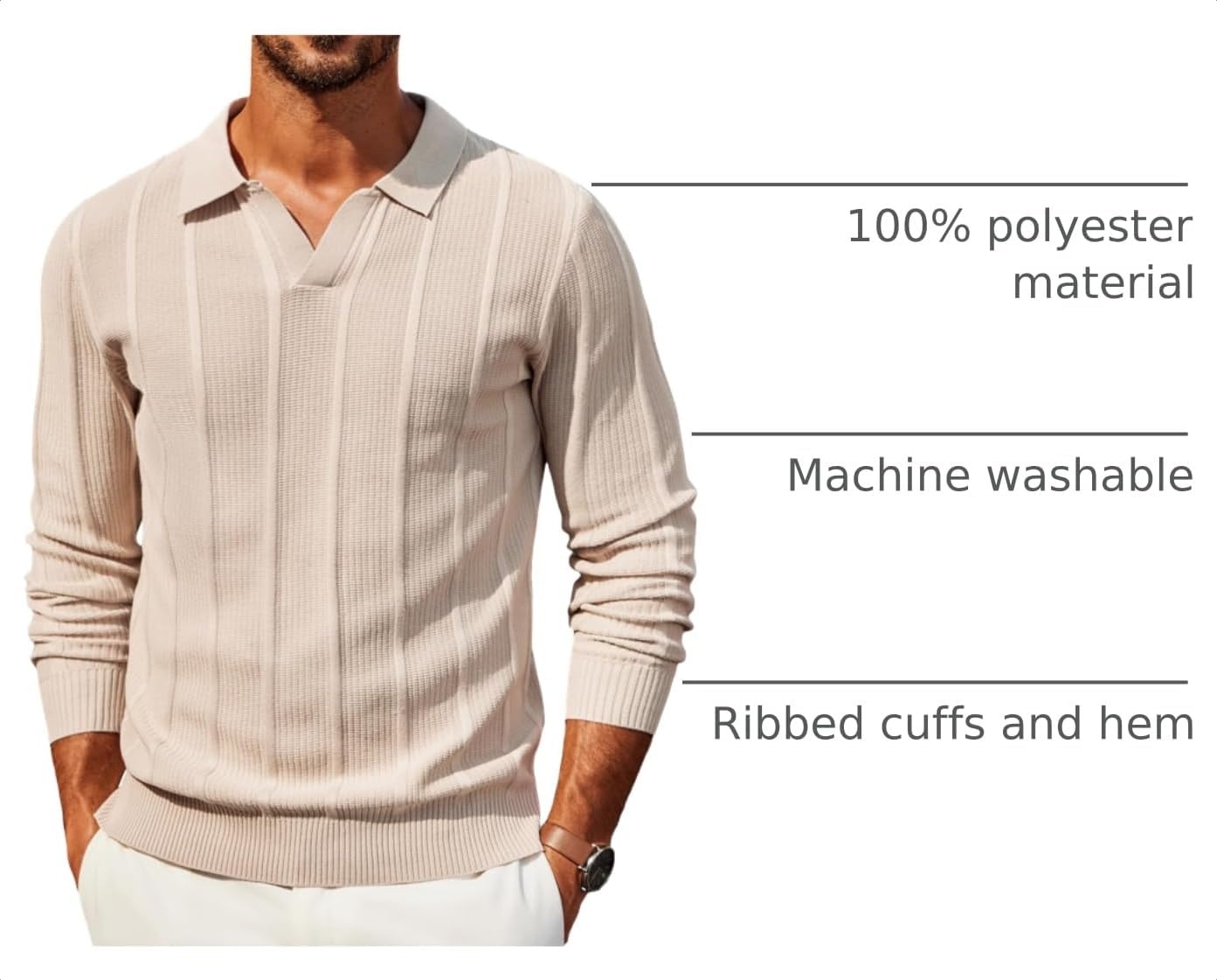 image:imageCOOFANDY Mens Knit Long Sleeve Polo Shirt Sweater VNeck Textured PulloverLight Khaki