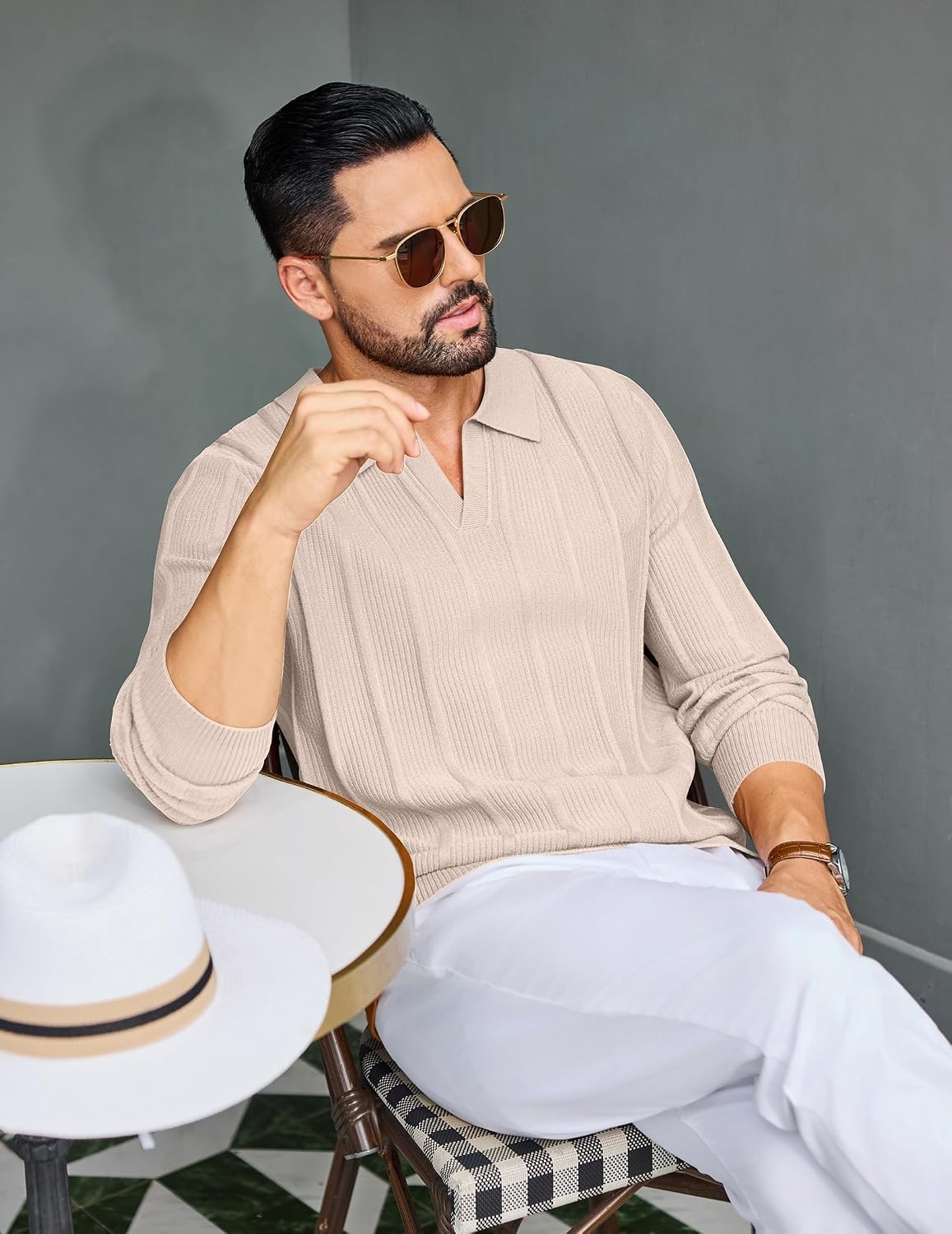 image:imageCOOFANDY Mens Knit Long Sleeve Polo Shirt Sweater VNeck Textured PulloverLight Khaki