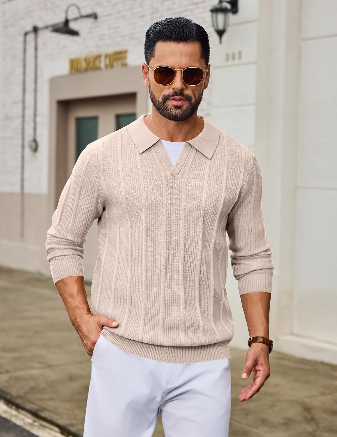 image:imageCOOFANDY Mens Knit Long Sleeve Polo Shirt Sweater VNeck Textured PulloverLight Khaki