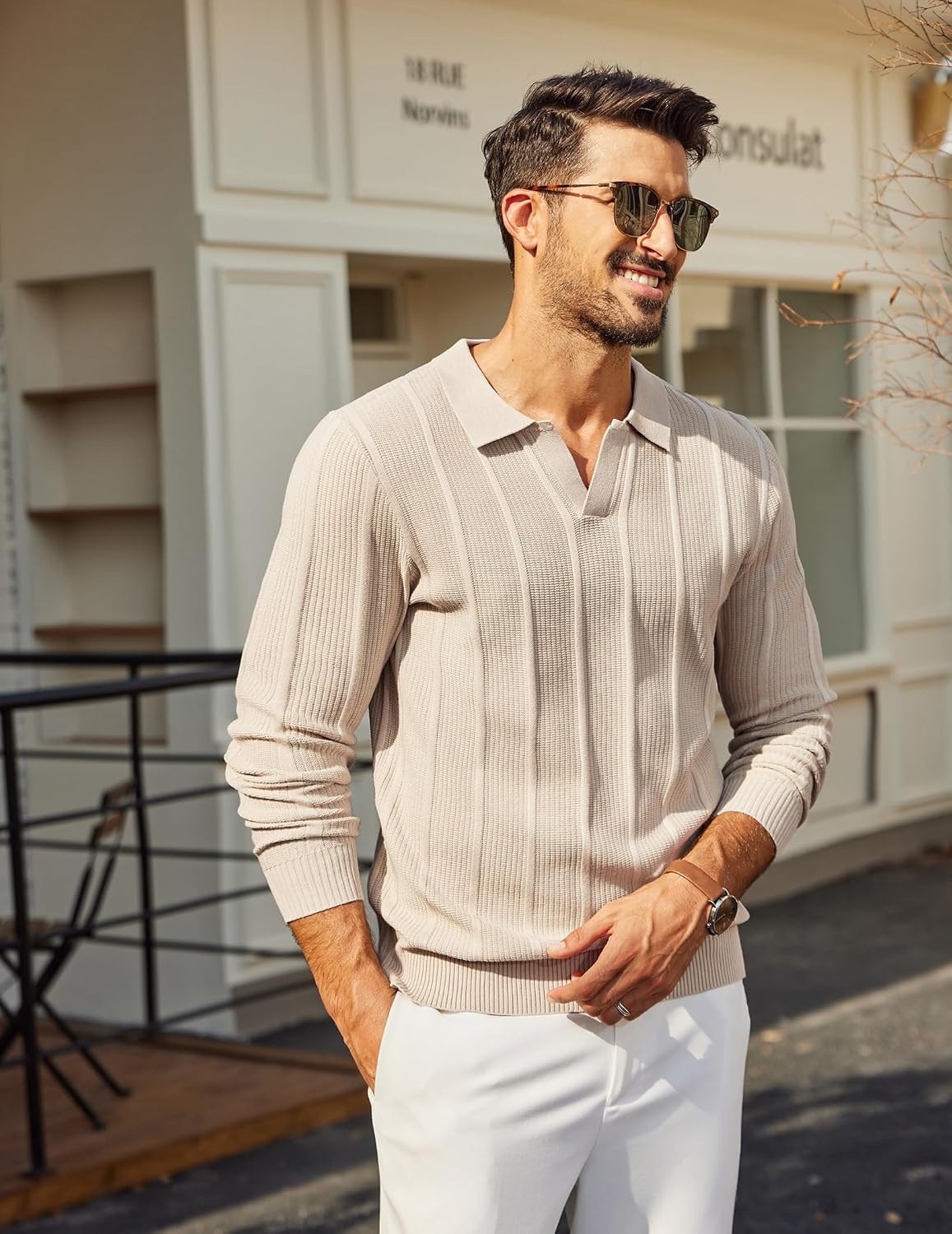 image:imageCOOFANDY Mens Knit Long Sleeve Polo Shirt Sweater VNeck Textured PulloverLight Khaki