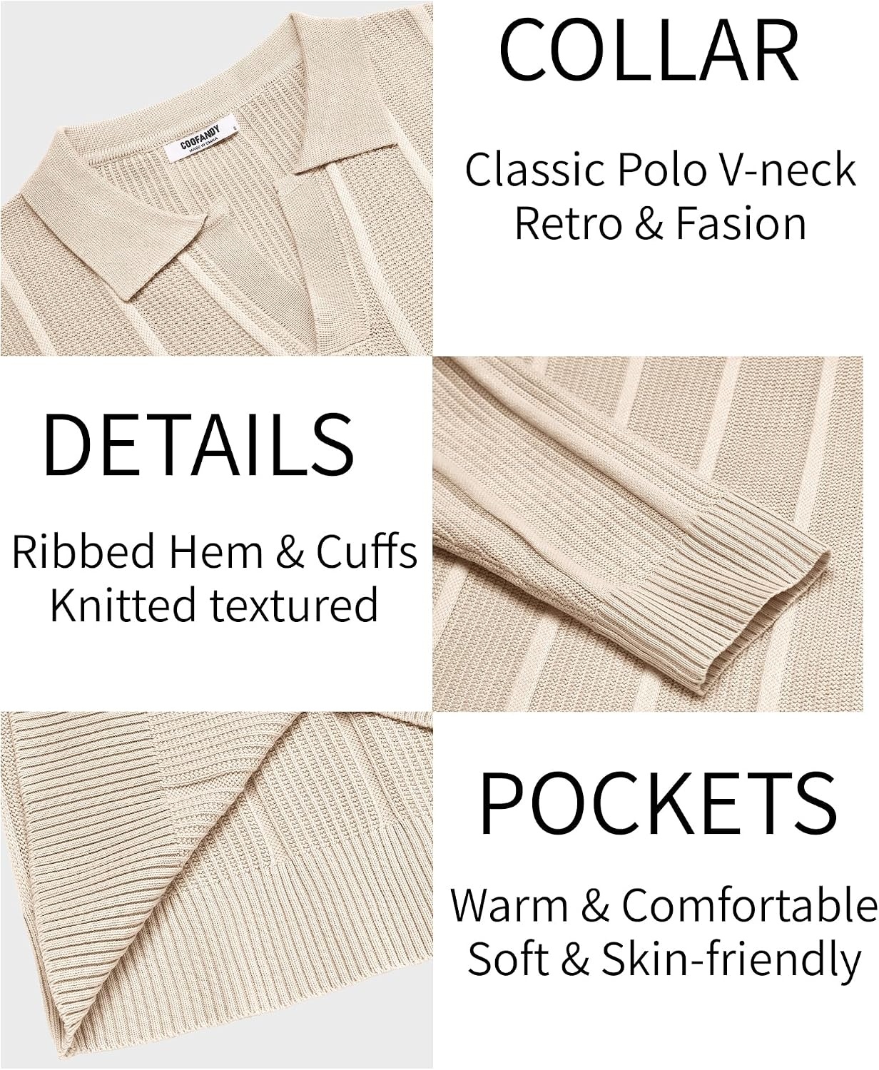 image:imageCOOFANDY Mens Knit Long Sleeve Polo Shirt Sweater VNeck Textured PulloverLight Khaki