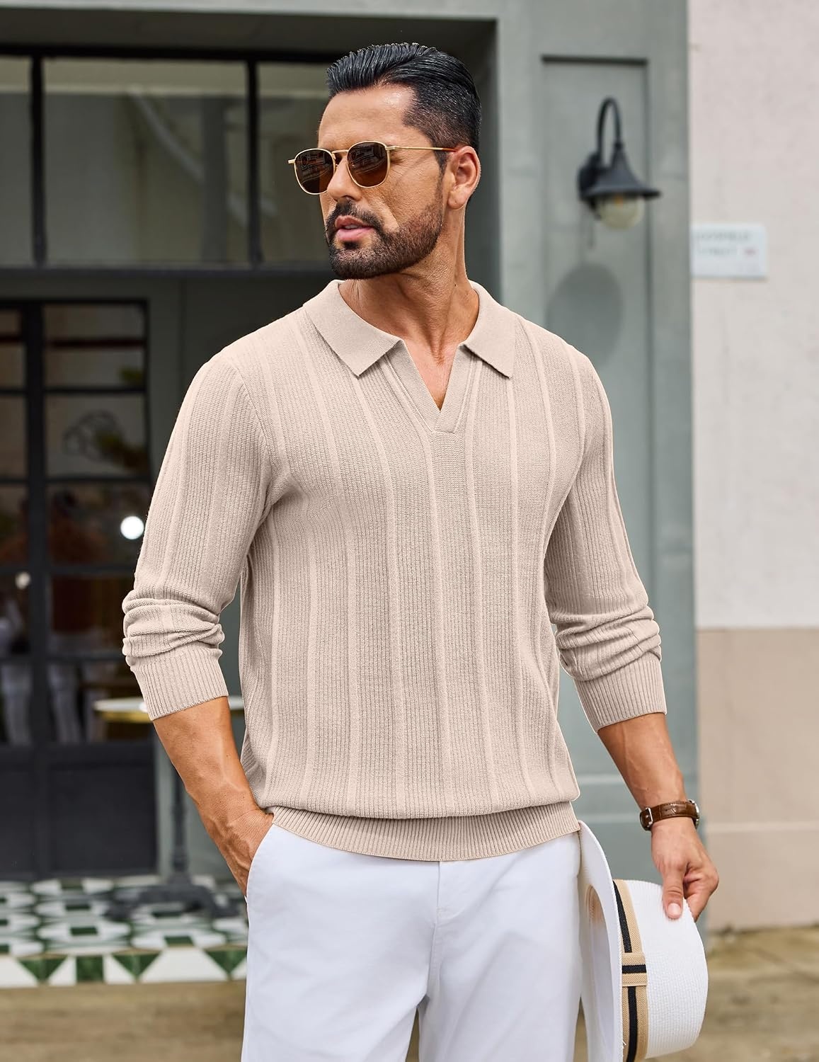 image:imageCOOFANDY Mens Knit Long Sleeve Polo Shirt Sweater VNeck Textured PulloverLight Khaki