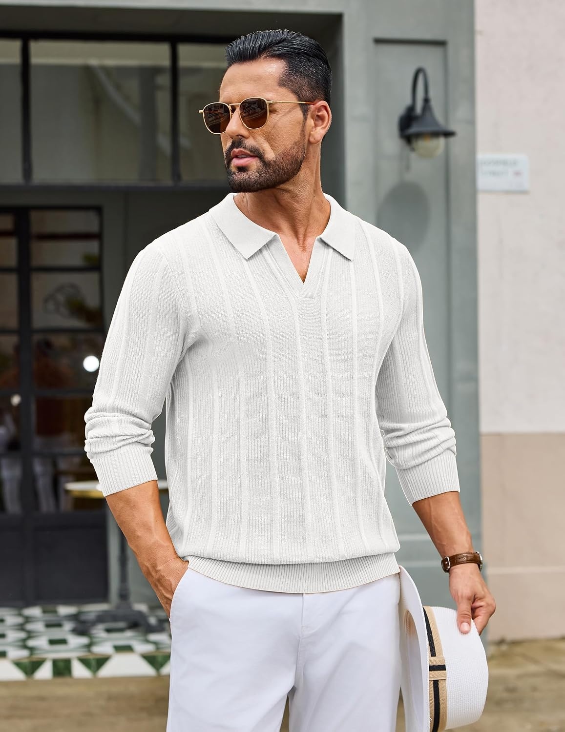 image:imageCOOFANDY Mens Knit Long Sleeve Polo Shirt Sweater VNeck Textured PulloverWhite