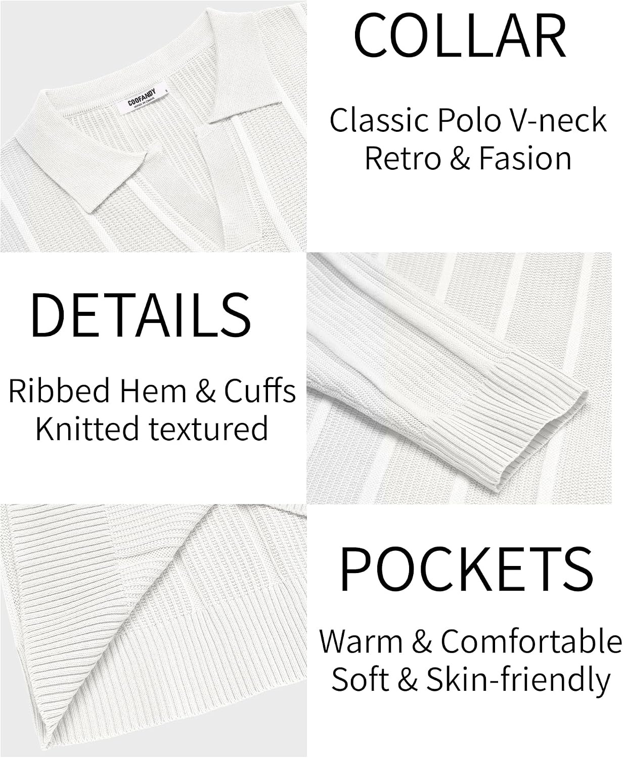 image:imageCOOFANDY Mens Knit Long Sleeve Polo Shirt Sweater VNeck Textured PulloverWhite