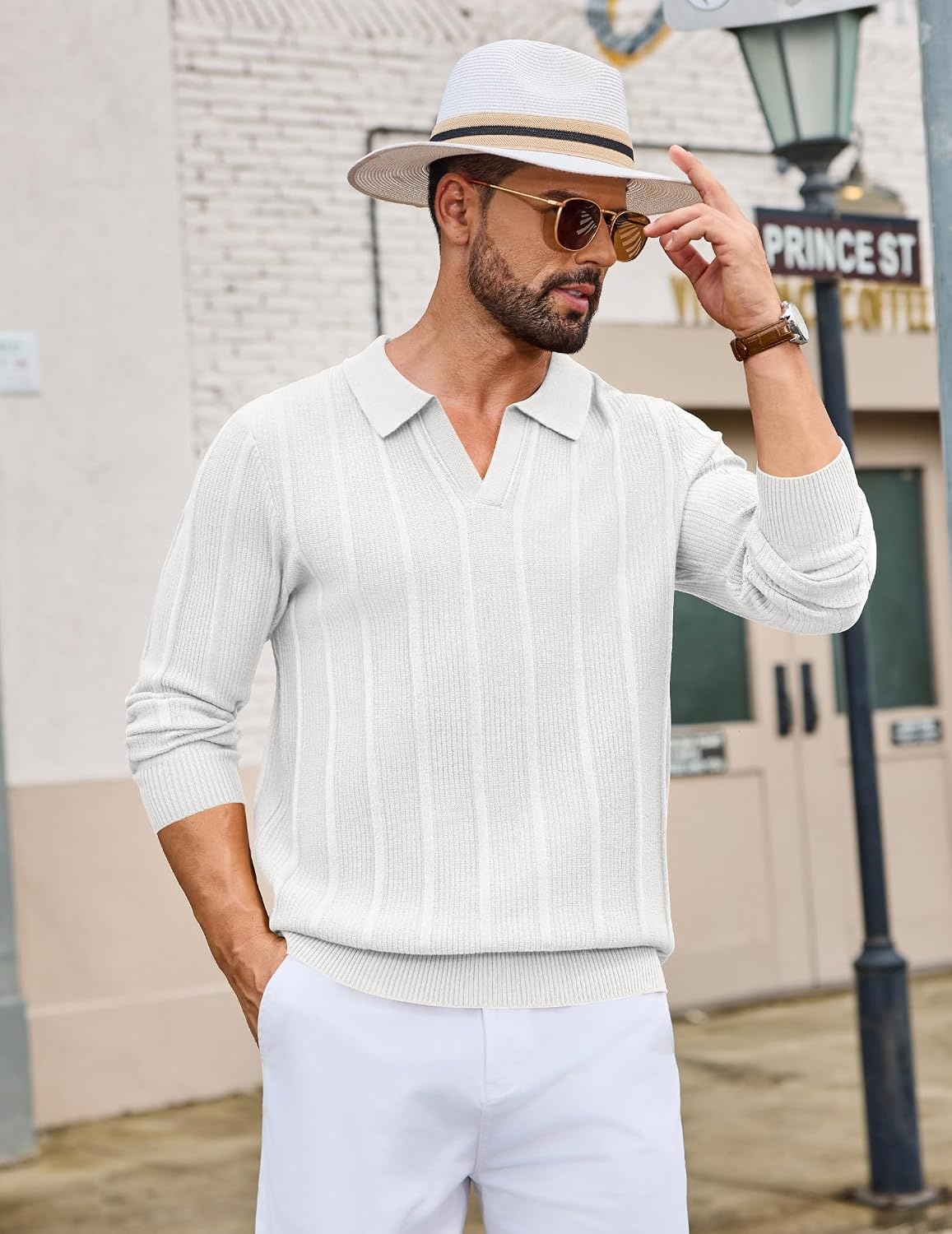 image:imageCOOFANDY Mens Knit Long Sleeve Polo Shirt Sweater VNeck Textured PulloverWhite