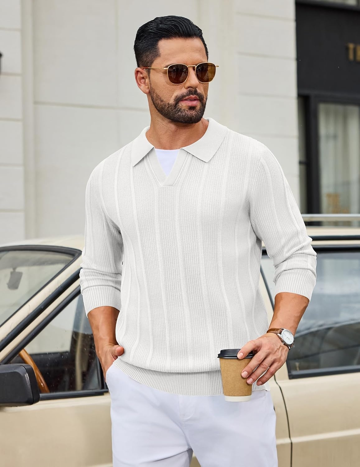 image:imageCOOFANDY Mens Knit Long Sleeve Polo Shirt Sweater VNeck Textured PulloverWhite