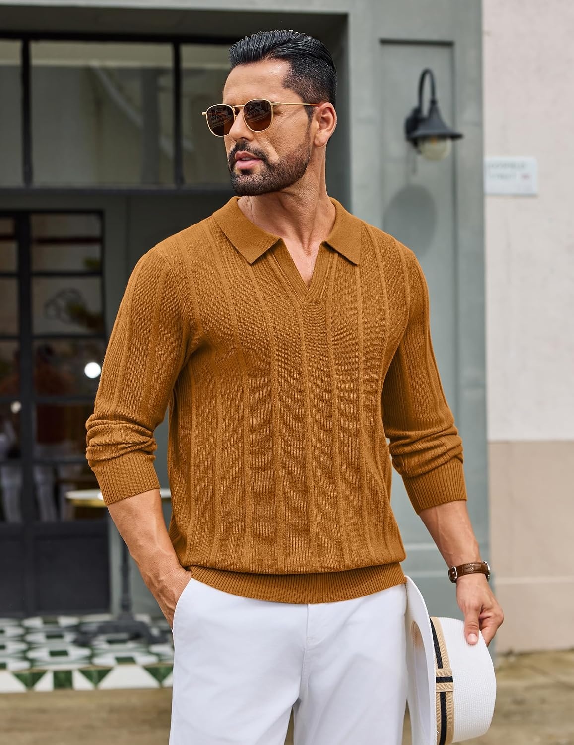 image:imageCOOFANDY Mens Knit Long Sleeve Polo Shirt Sweater VNeck Textured PulloverYellow