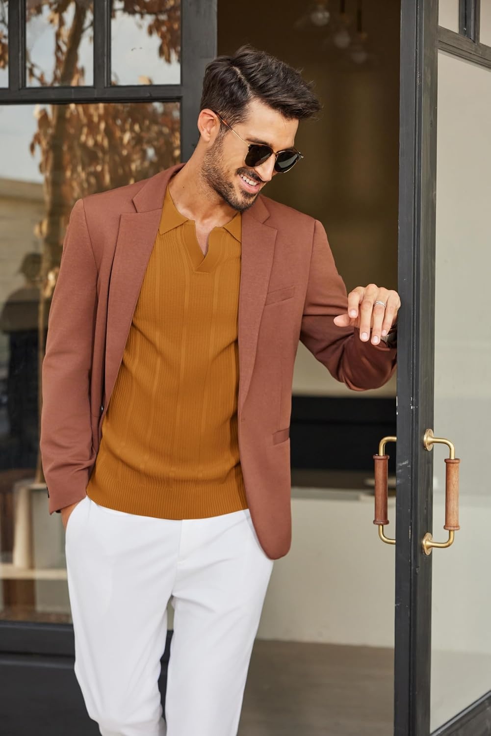 image:imageCOOFANDY Mens Knit Long Sleeve Polo Shirt Sweater VNeck Textured PulloverYellow