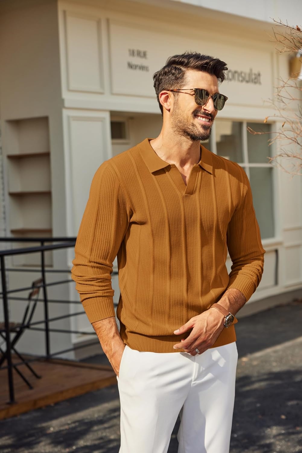 image:imageCOOFANDY Mens Knit Long Sleeve Polo Shirt Sweater VNeck Textured PulloverYellow