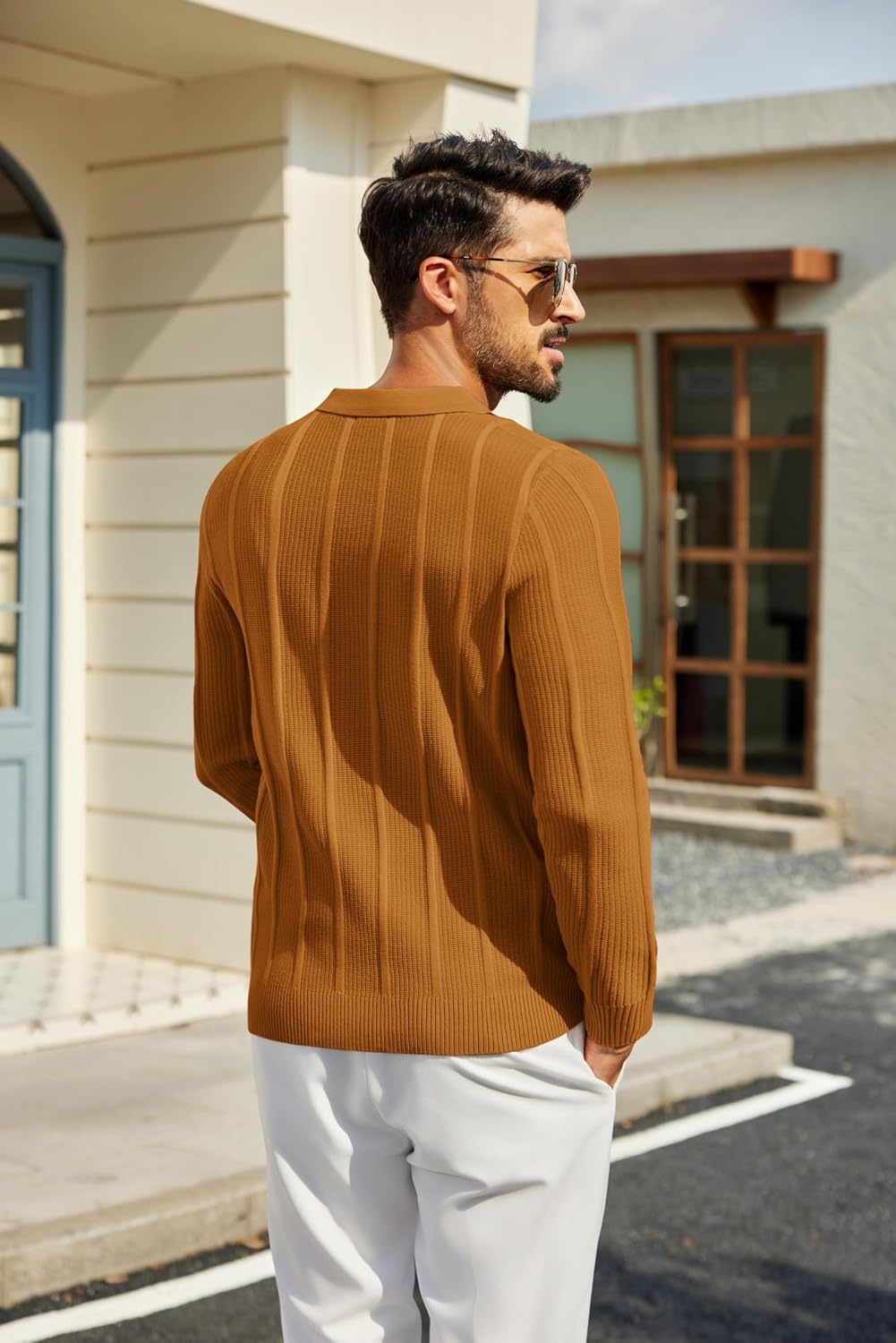 image:imageCOOFANDY Mens Knit Long Sleeve Polo Shirt Sweater VNeck Textured PulloverYellow