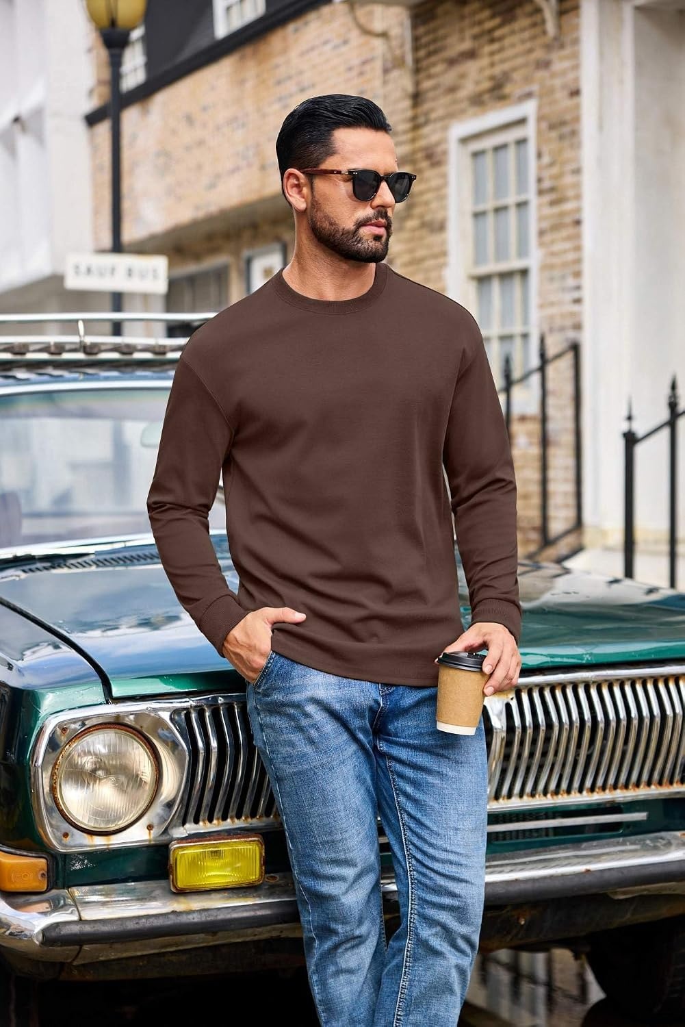 image:imageCOOFANDY Mens Long Sleeve T Shirt Heavyweight Crew Neck TShirt Premium Cotton TeeBrown