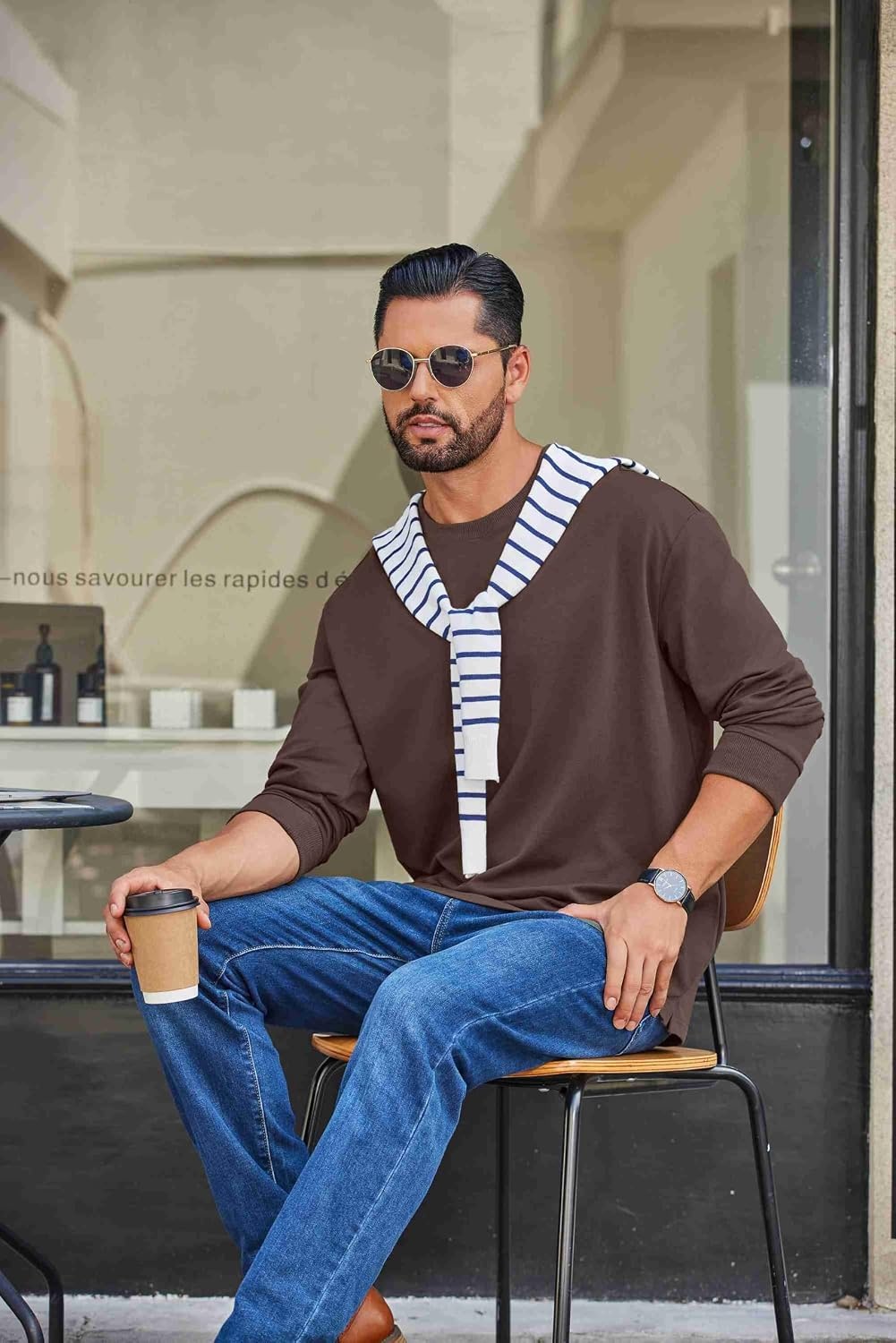 image:imageCOOFANDY Mens Long Sleeve T Shirt Heavyweight Crew Neck TShirt Premium Cotton TeeBrown