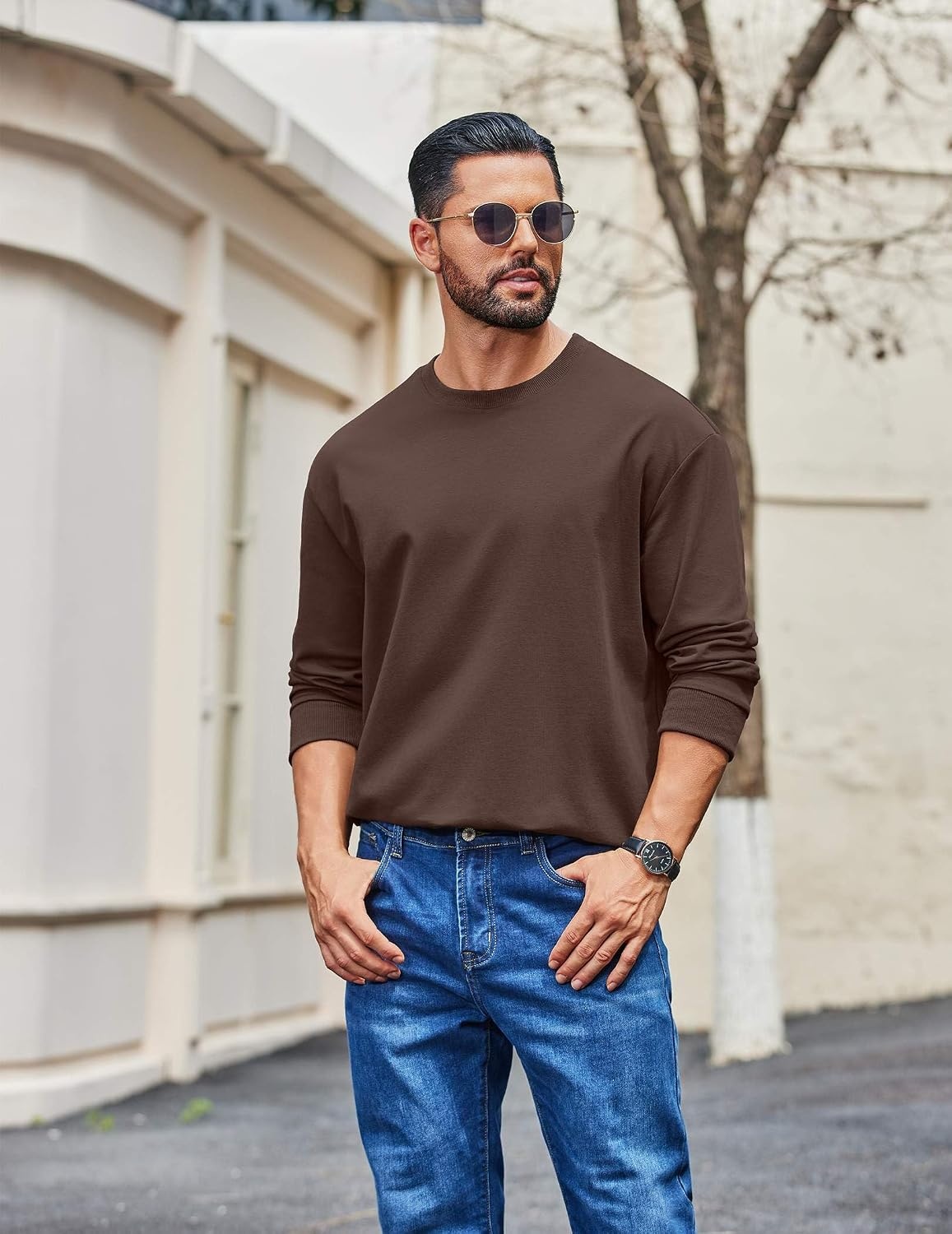 image:imageCOOFANDY Mens Long Sleeve T Shirt Heavyweight Crew Neck TShirt Premium Cotton TeeBrown
