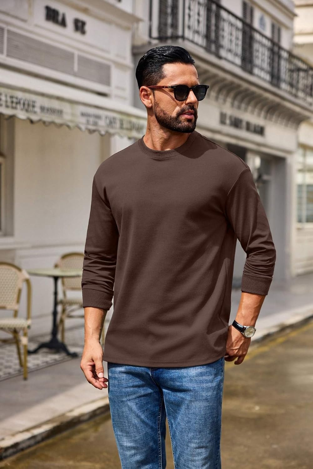 image:imageCOOFANDY Mens Long Sleeve T Shirt Heavyweight Crew Neck TShirt Premium Cotton TeeBrown
