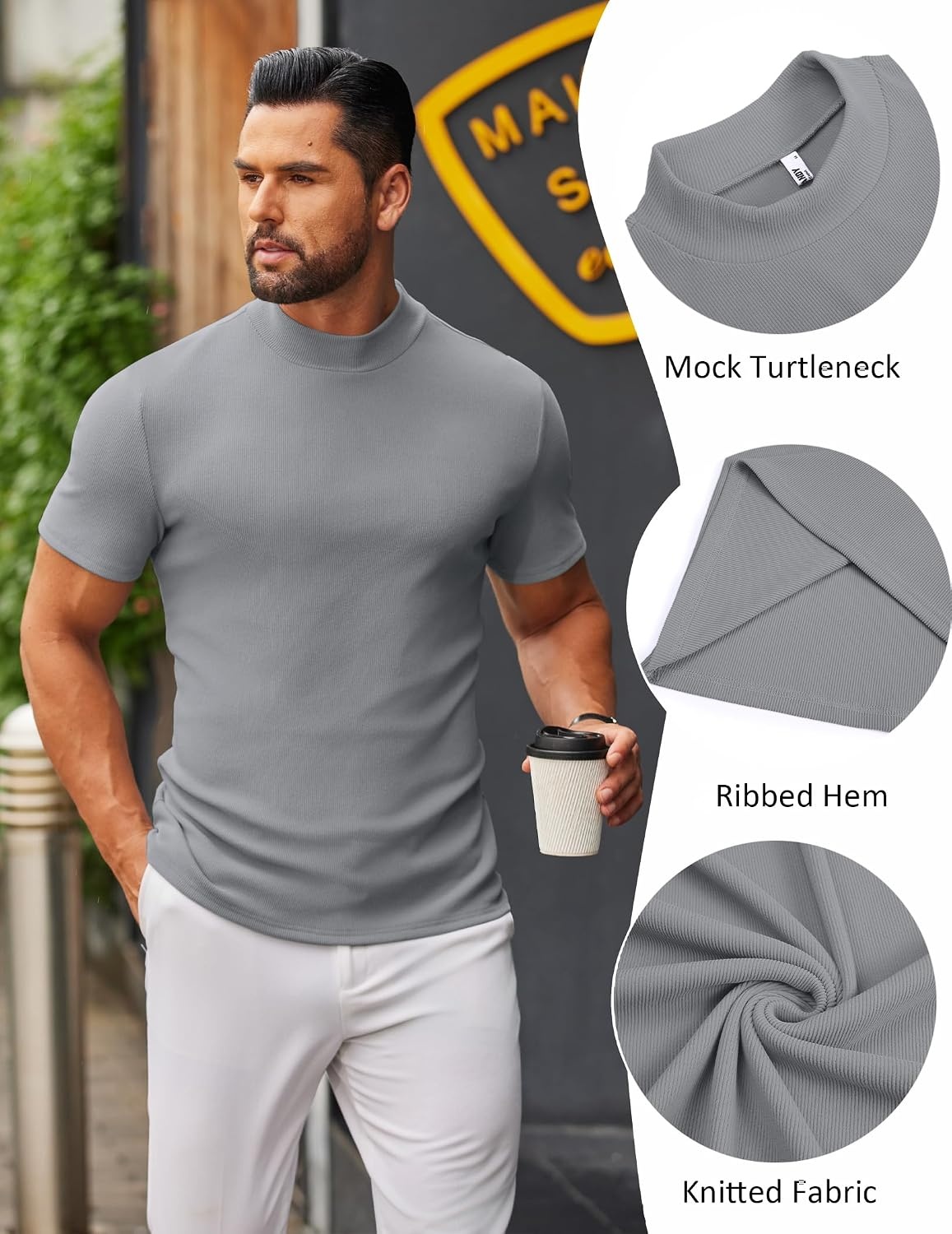 image:imageCOOFANDY Mens Mock Turtleneck Sweater Short Sleeve Slim Fit Casual SweatersLight Grey