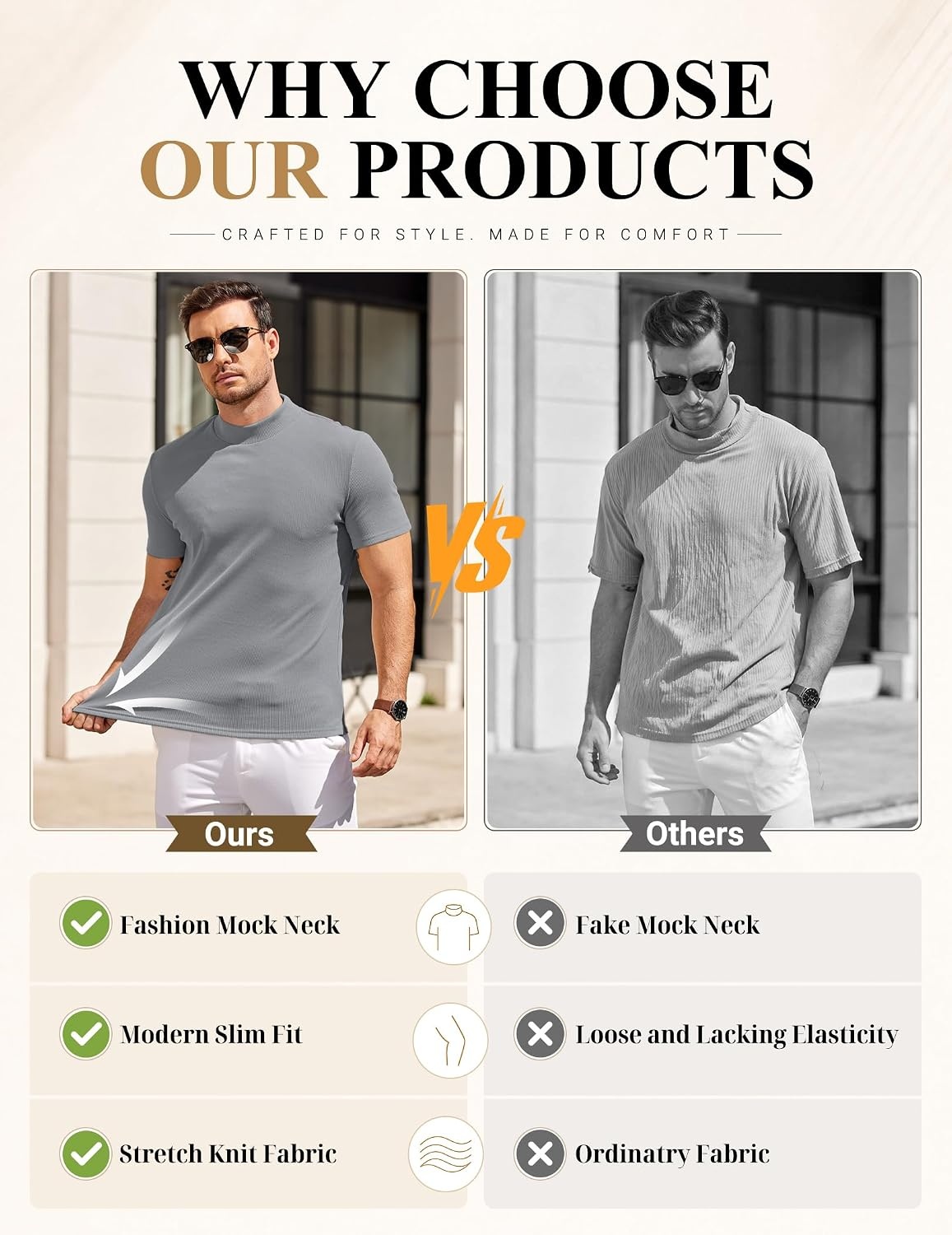 image:imageCOOFANDY Mens Mock Turtleneck Sweater Short Sleeve Slim Fit Casual SweatersLight Grey