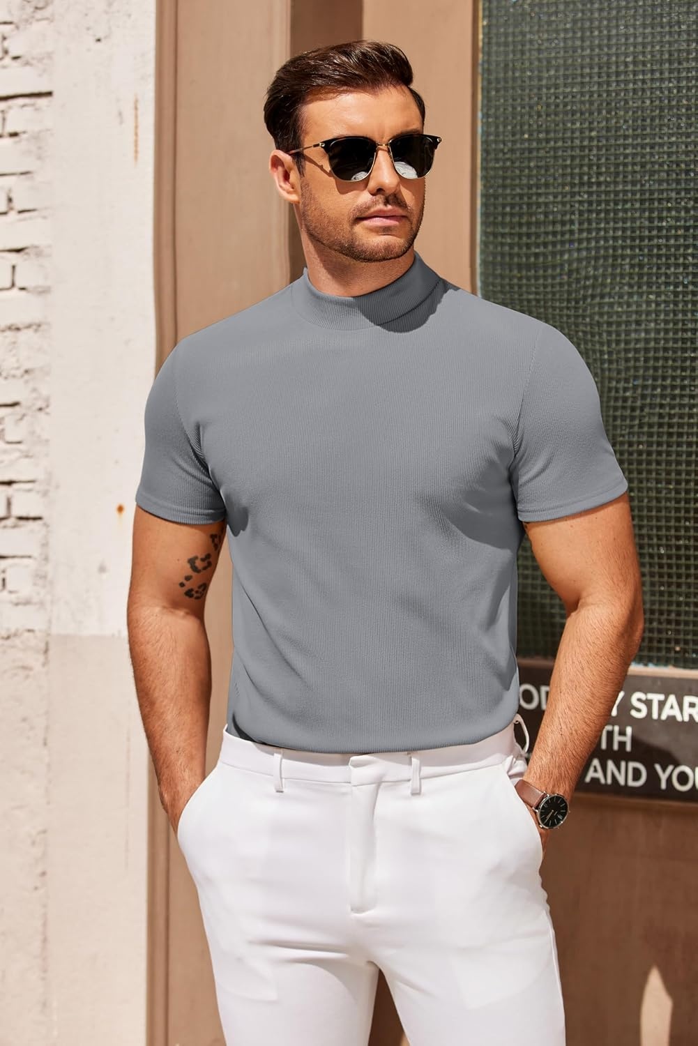 image:imageCOOFANDY Mens Mock Turtleneck Sweater Short Sleeve Slim Fit Casual SweatersLight Grey