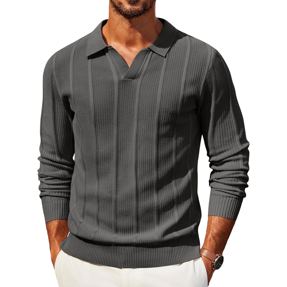 image:imageCOOFANDY Mens Knit Long Sleeve Polo Shirt Sweater VNeck Textured PulloverDark Grey