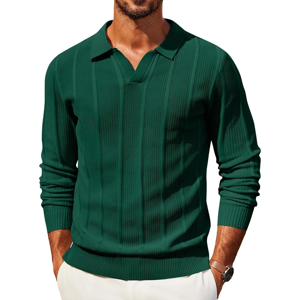 image:imageCOOFANDY Mens Knit Long Sleeve Polo Shirt Sweater VNeck Textured PulloverEvergreen
