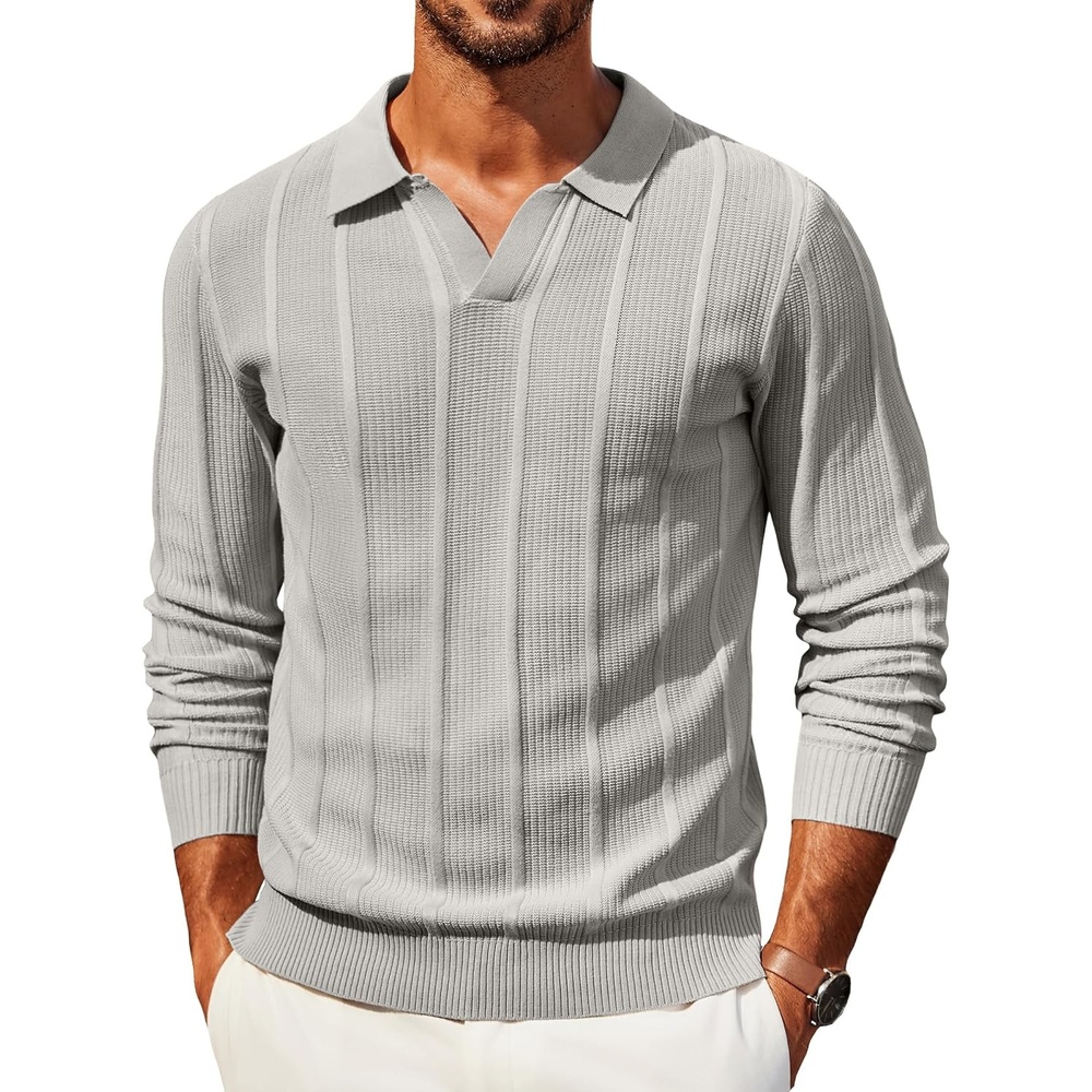 image:imageCOOFANDY Mens Knit Long Sleeve Polo Shirt Sweater VNeck Textured PulloverLight Gray