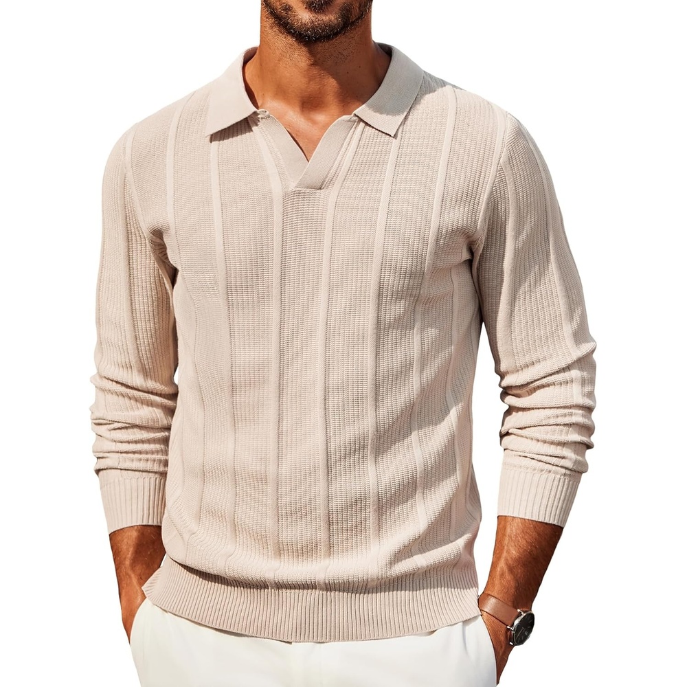 image:imageCOOFANDY Mens Knit Long Sleeve Polo Shirt Sweater VNeck Textured PulloverLight Khaki