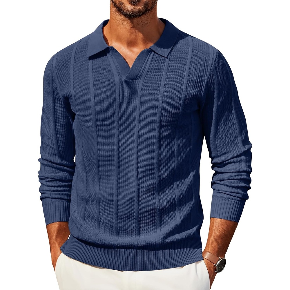 image:imageCOOFANDY Mens Knit Long Sleeve Polo Shirt Sweater VNeck Textured PulloverNavy Blue