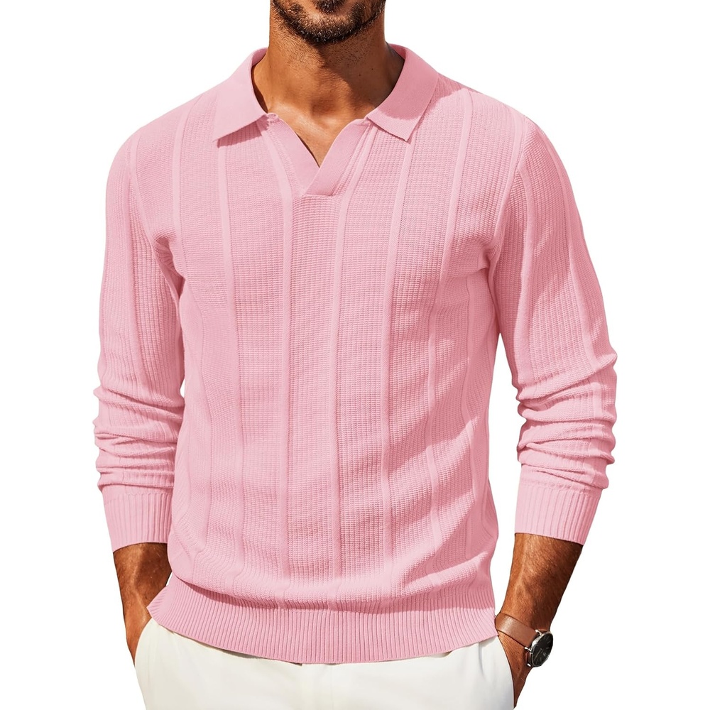 image:imageCOOFANDY Mens Knit Long Sleeve Polo Shirt Sweater VNeck Textured PulloverPink