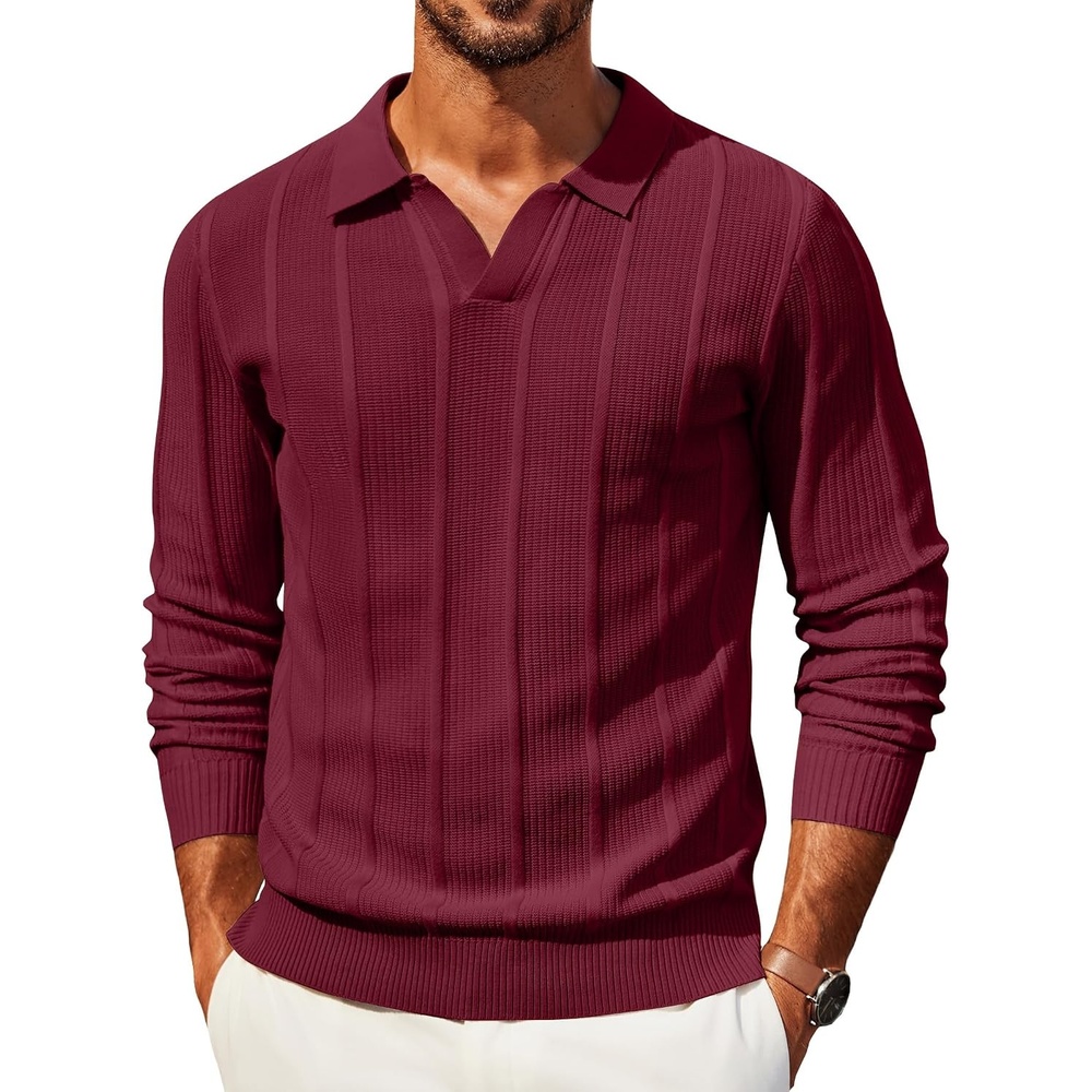 image:imageCOOFANDY Mens Knit Long Sleeve Polo Shirt Sweater VNeck Textured PulloverWine Red