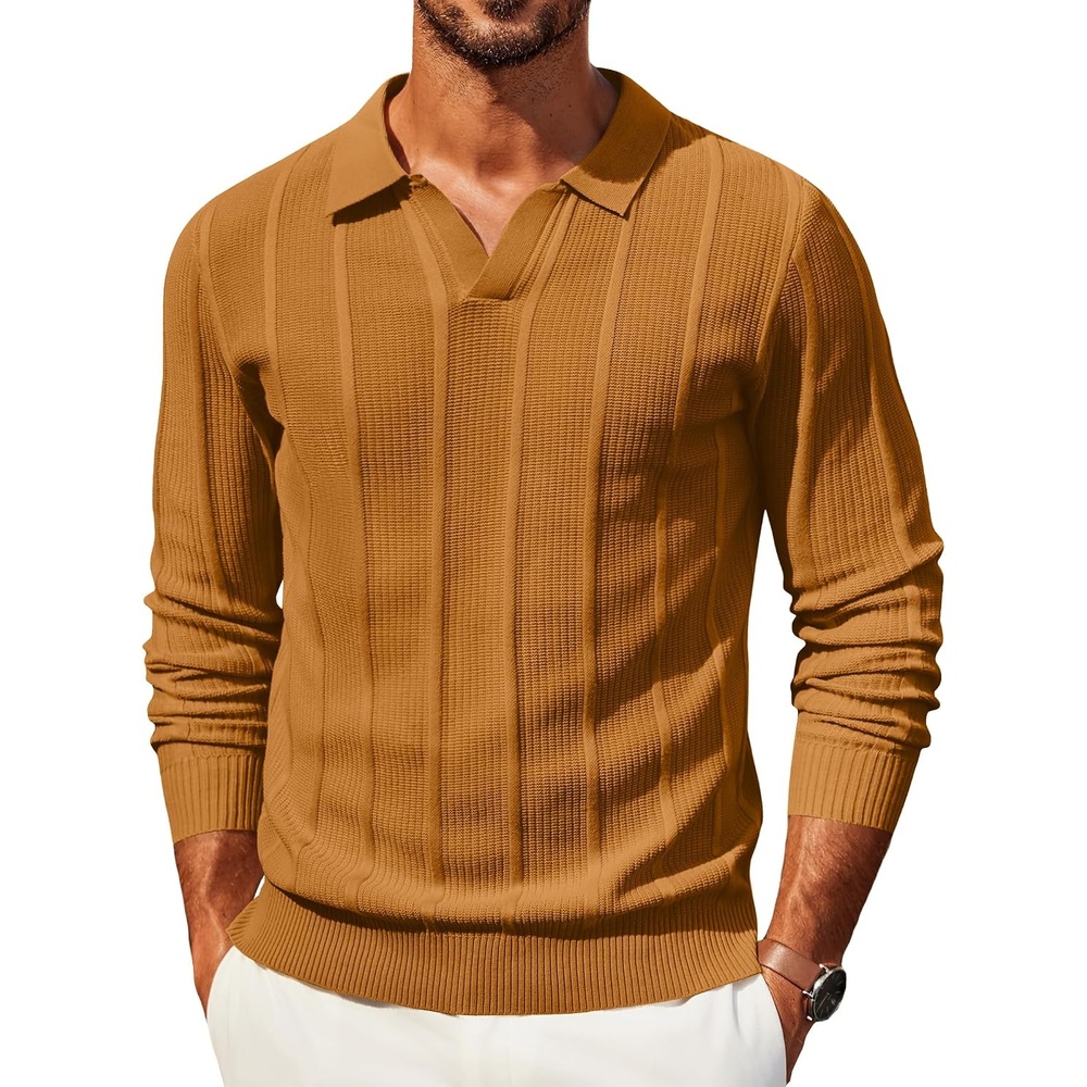 image:imageCOOFANDY Mens Knit Long Sleeve Polo Shirt Sweater VNeck Textured PulloverYellow