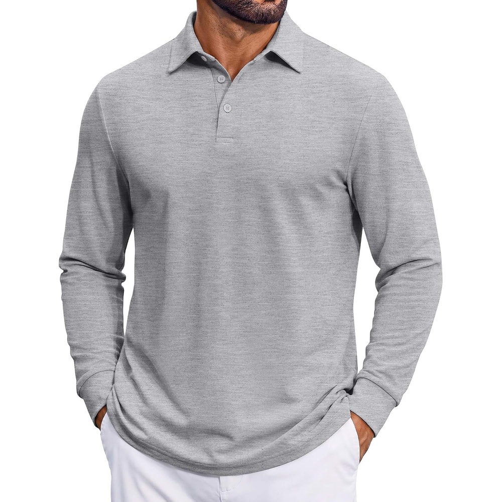 image:imageCOOFANDY Mens Long Sleeve Polo Shirts Classic Cotton Pique Polo ShirtsLight Grey