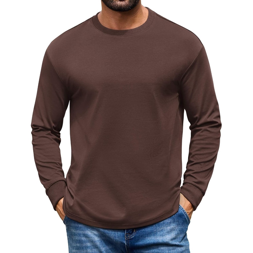 image:imageCOOFANDY Mens Long Sleeve T Shirt Heavyweight Crew Neck TShirt Premium Cotton TeeBrown