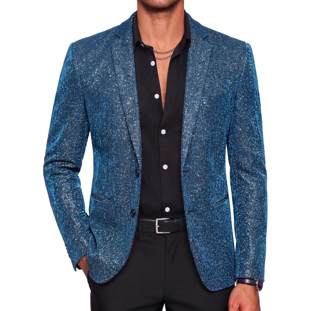 image:imageCOOFANDY Mens Metallic Jacket Casual Sport Coat 70s Party Disco OutfitsBlue Leaf