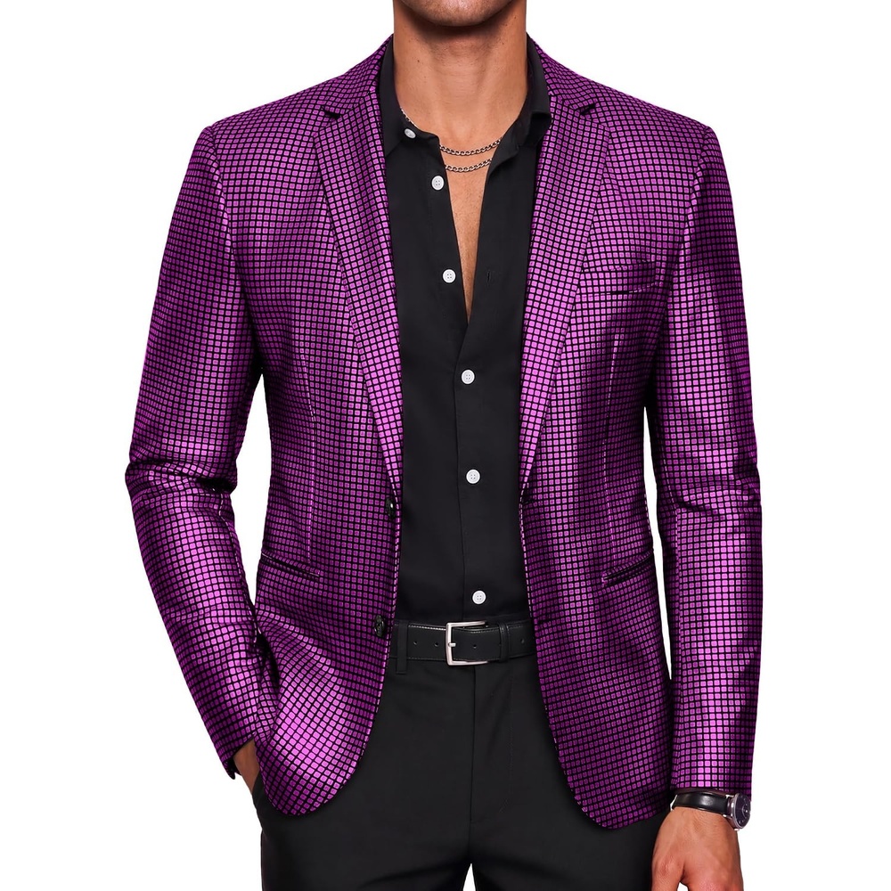 image:imageCOOFANDY Mens Metallic Jacket Casual Sport Coat 70s Party Disco OutfitsPurple