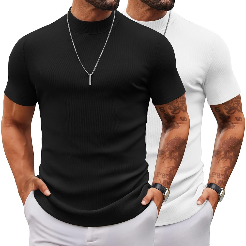 image:imageCOOFANDY Mens Mock Turtleneck Sweater Short Sleeve Slim Fit Casual Sweaters2 PackblackWhite