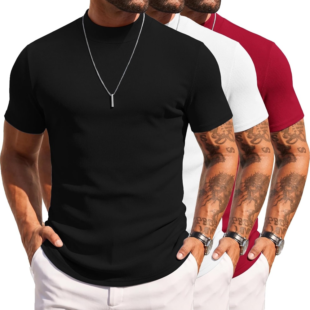 image:imageCOOFANDY Mens Mock Turtleneck Sweater Short Sleeve Slim Fit Casual Sweaters3 PackblackWhiteDark Red